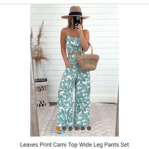 Leaves print two piece wide leg pant set
